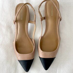 Express Black/Tan pointed toe sling back block heel - size 8